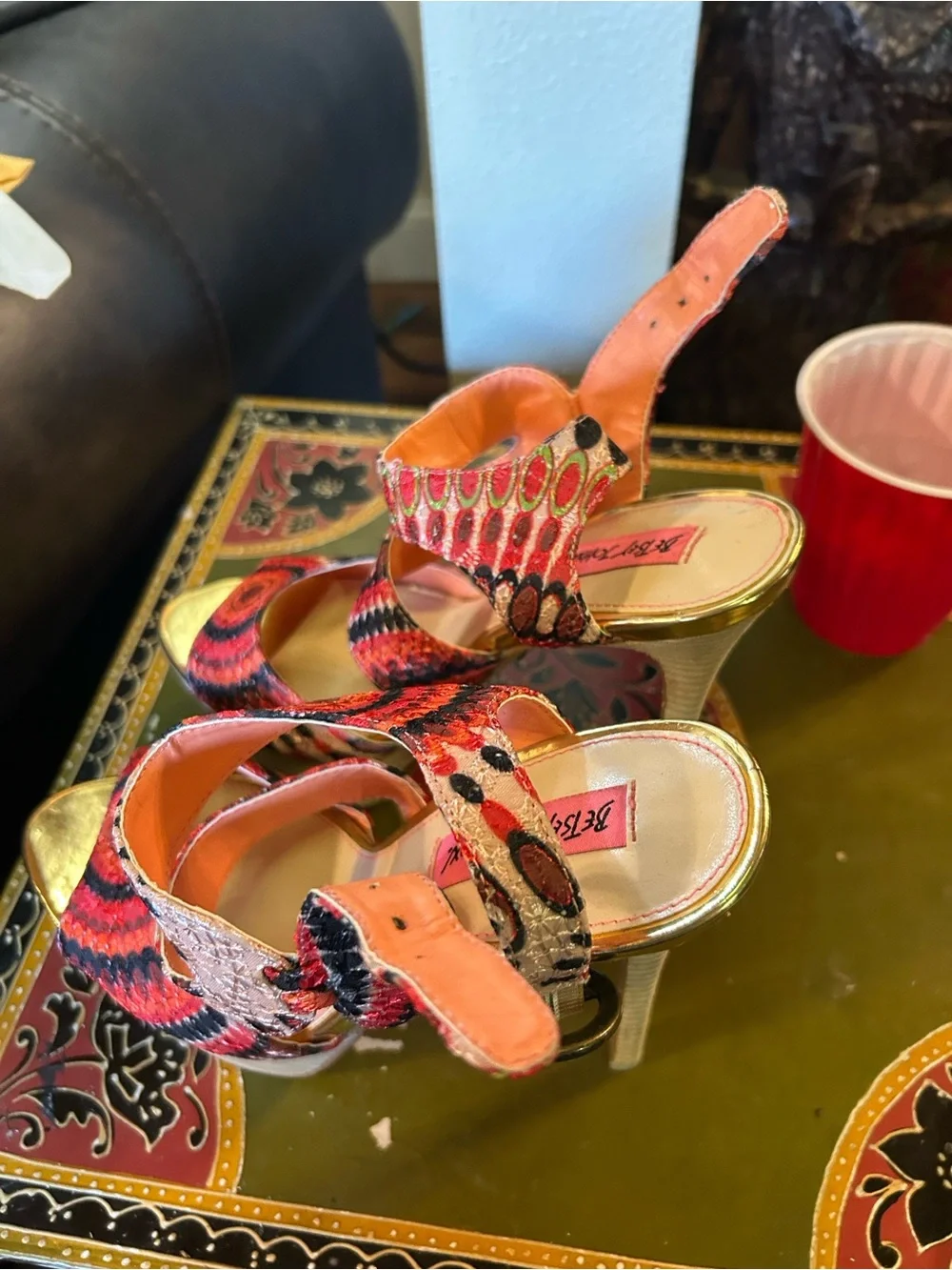 Betsey Johnson Red and Gold Patterned Platform Strappy Heels